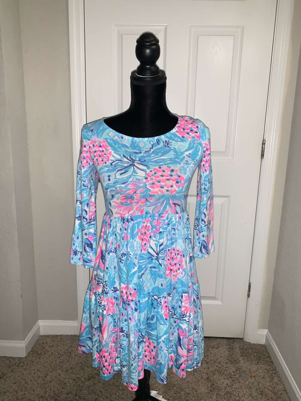 Lilly Pulitzer Light Blue & Pink Floral Tiered Midi Dress